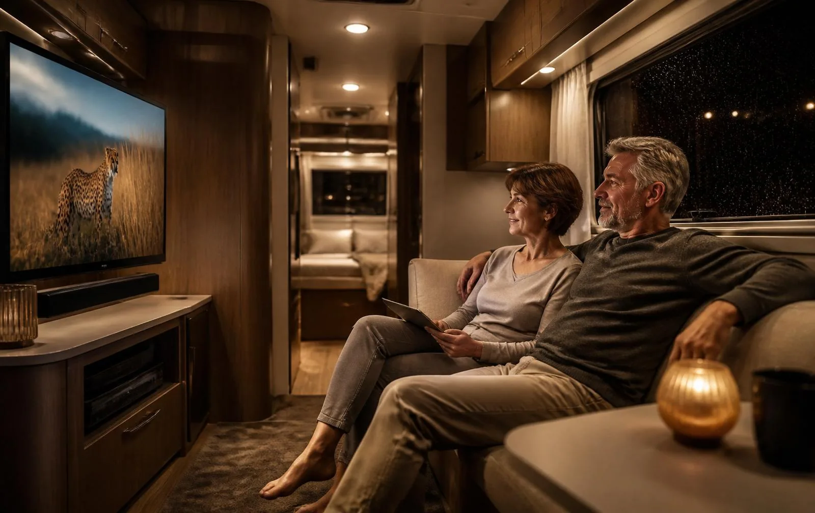 Famille détendue à bord d'un camping-car, regardant TV et tablette